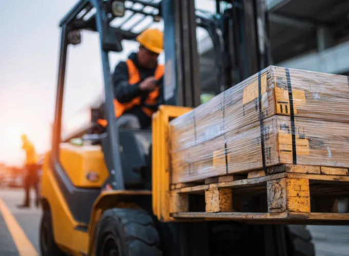 フォークリフトがパレット荷を安全に運搬している